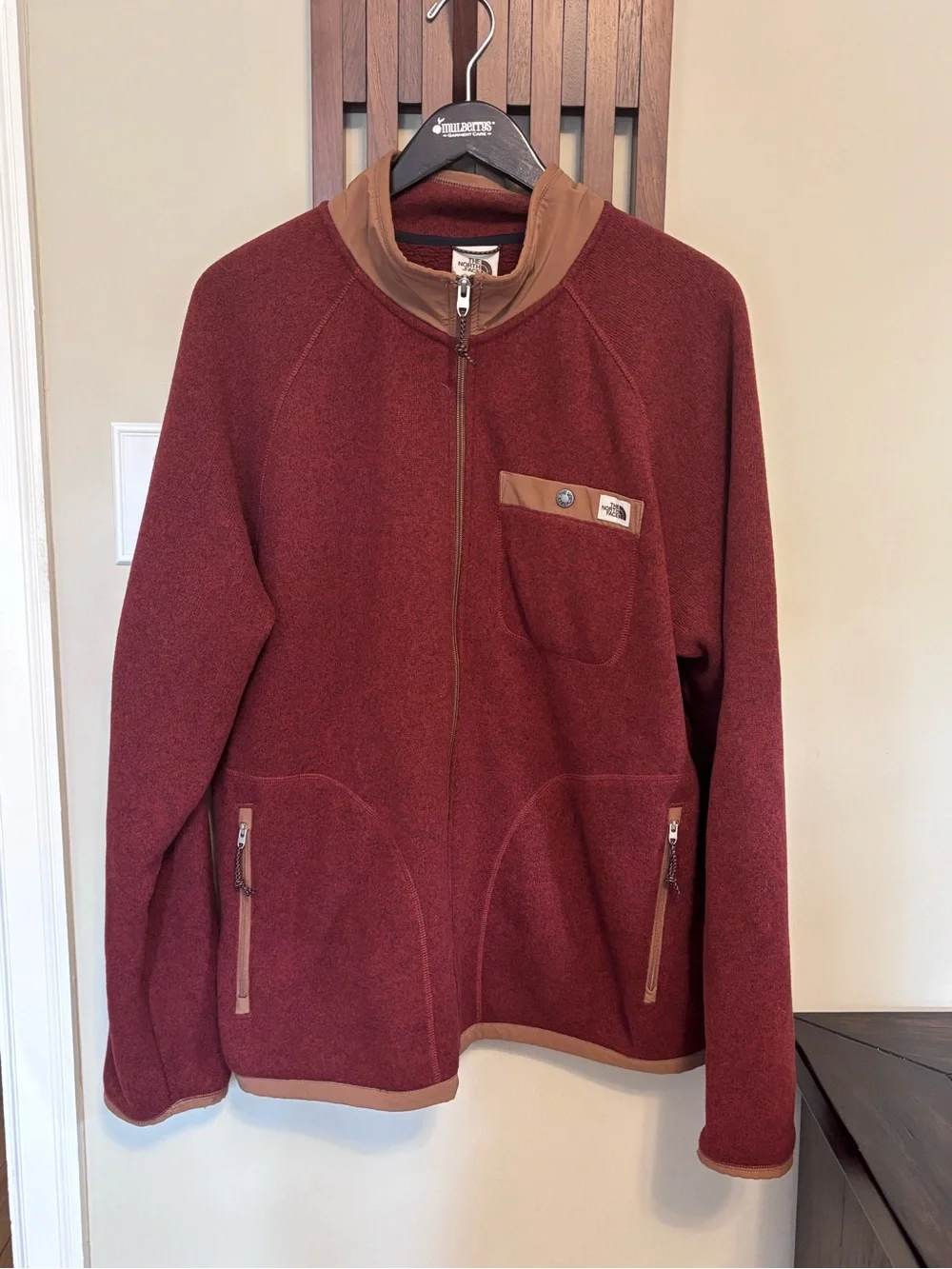 The North Face Men's Burgundy and Tan Fleece Jacket